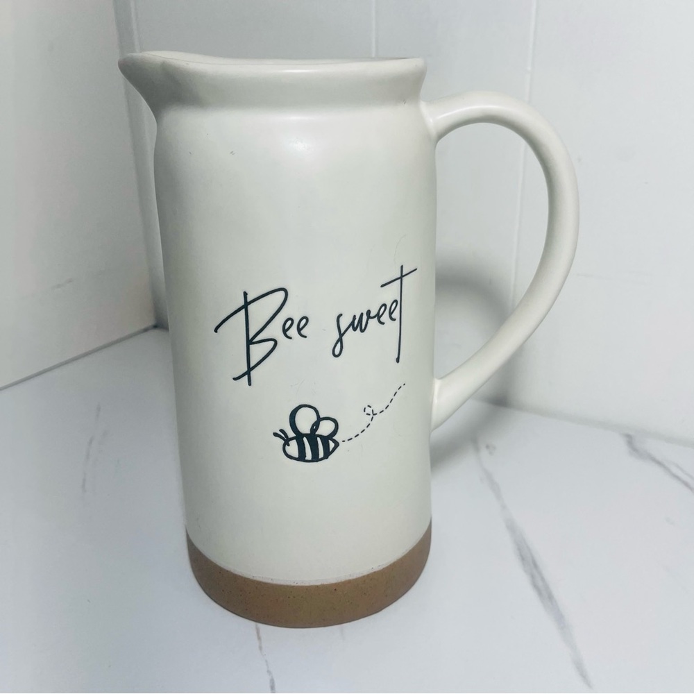 🐝 BEE SWEET Farmhouse Pottery Pitcher Vase  Neutral  9" Tall Country Decor